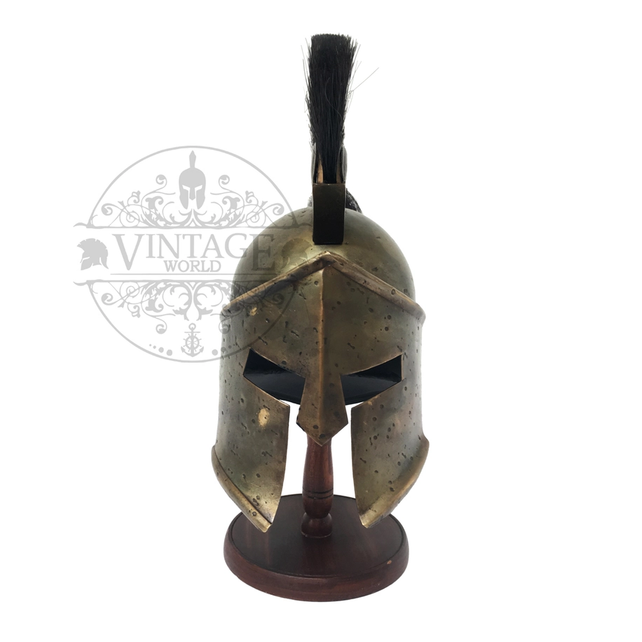 Spartan Corinthian miniature helmet with horsehair crest on wood stand