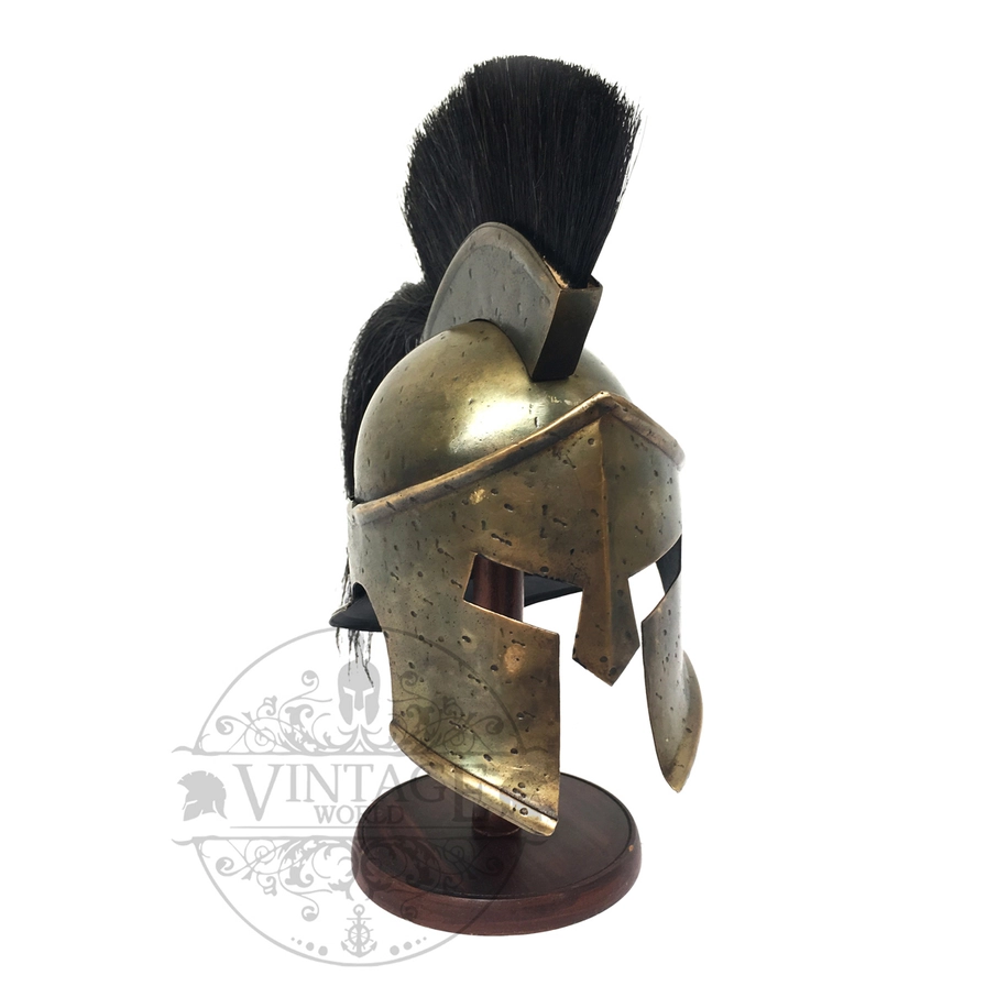 Spartan Corinthian miniature helmet with horsehair crest on wood stand