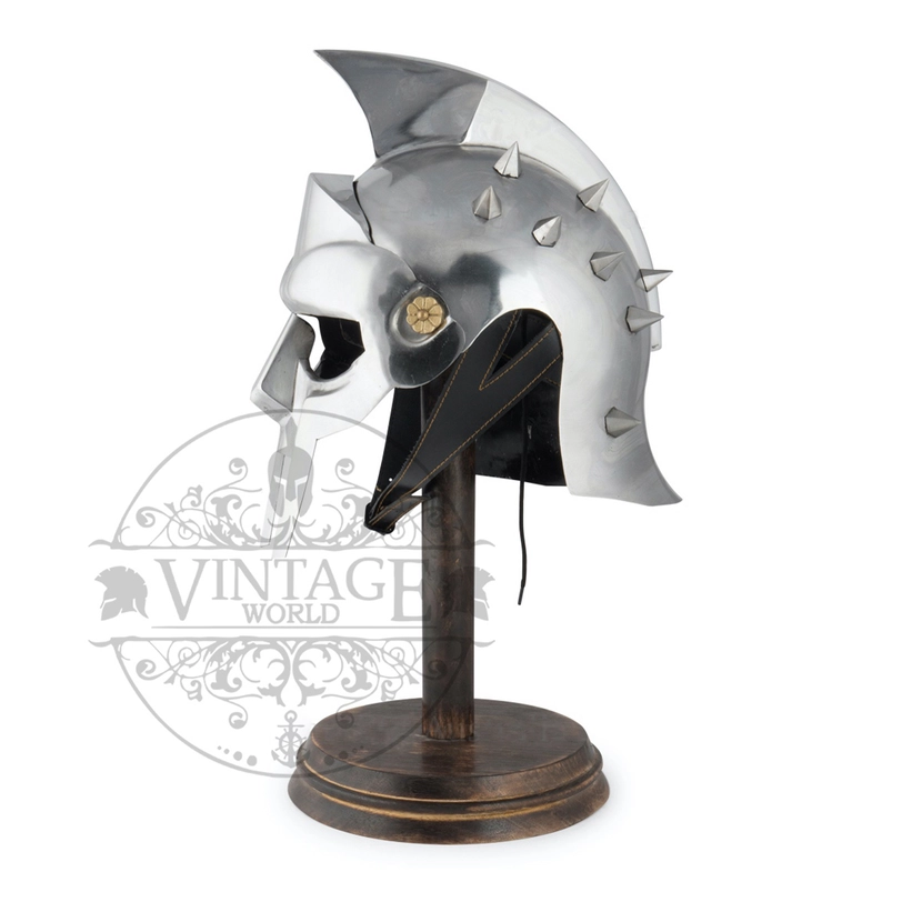 Full size gladiator arena helmet on display stand
