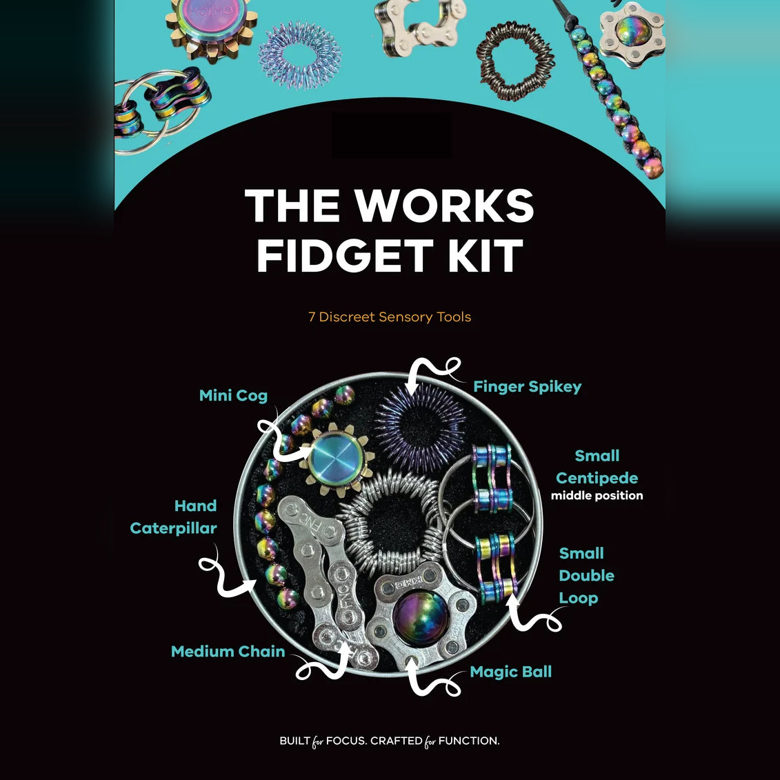 The Works Fidget Kit contents labelled: Mini Cog, Finger Spikey, Small Centipede, Small Double Loop, Magic Ball, Medium Chain, Hand Caterpillar