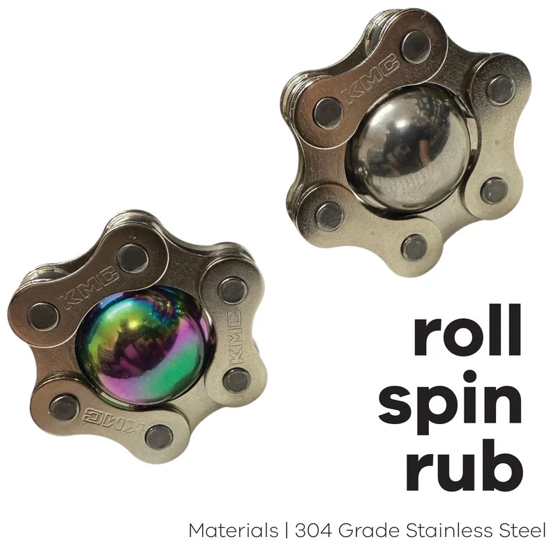 Magic Ball chain link fidgets from The Works Fidget Kit in oil slick and steel