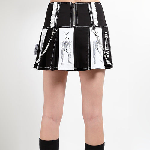 Black and white Tripp NYC x Death Note pleated skirt with shinigami print, lace-up hips and chains