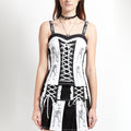 Black and white Tripp NYC x Death Note corset top with lace-up front, shinigami print and printed straps