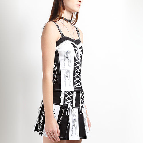 Black and white Tripp NYC x Death Note corset top with lace-up front, shinigami print and printed straps