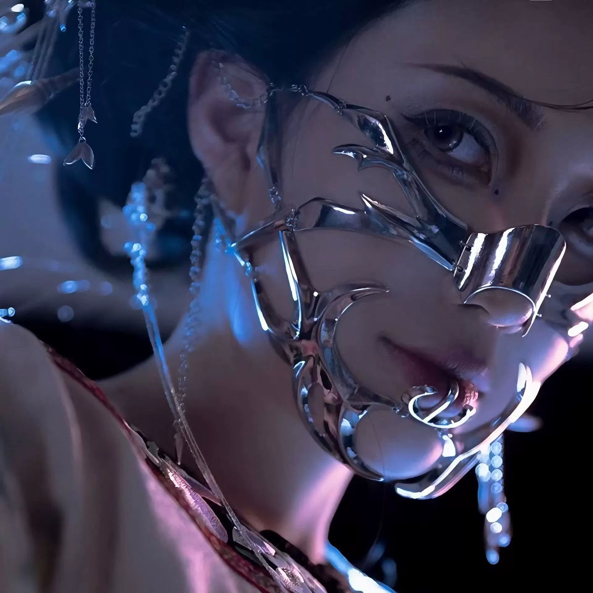 Cyber Wraith Face Jewellery Set, silver metal nose and lip face pieces