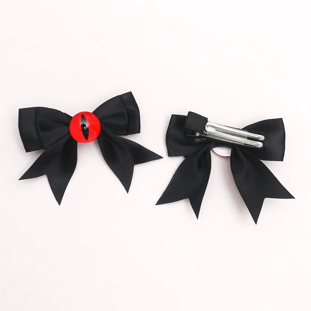 Hex Eye Bow Hair Clips, black satin bows with red demon eye
