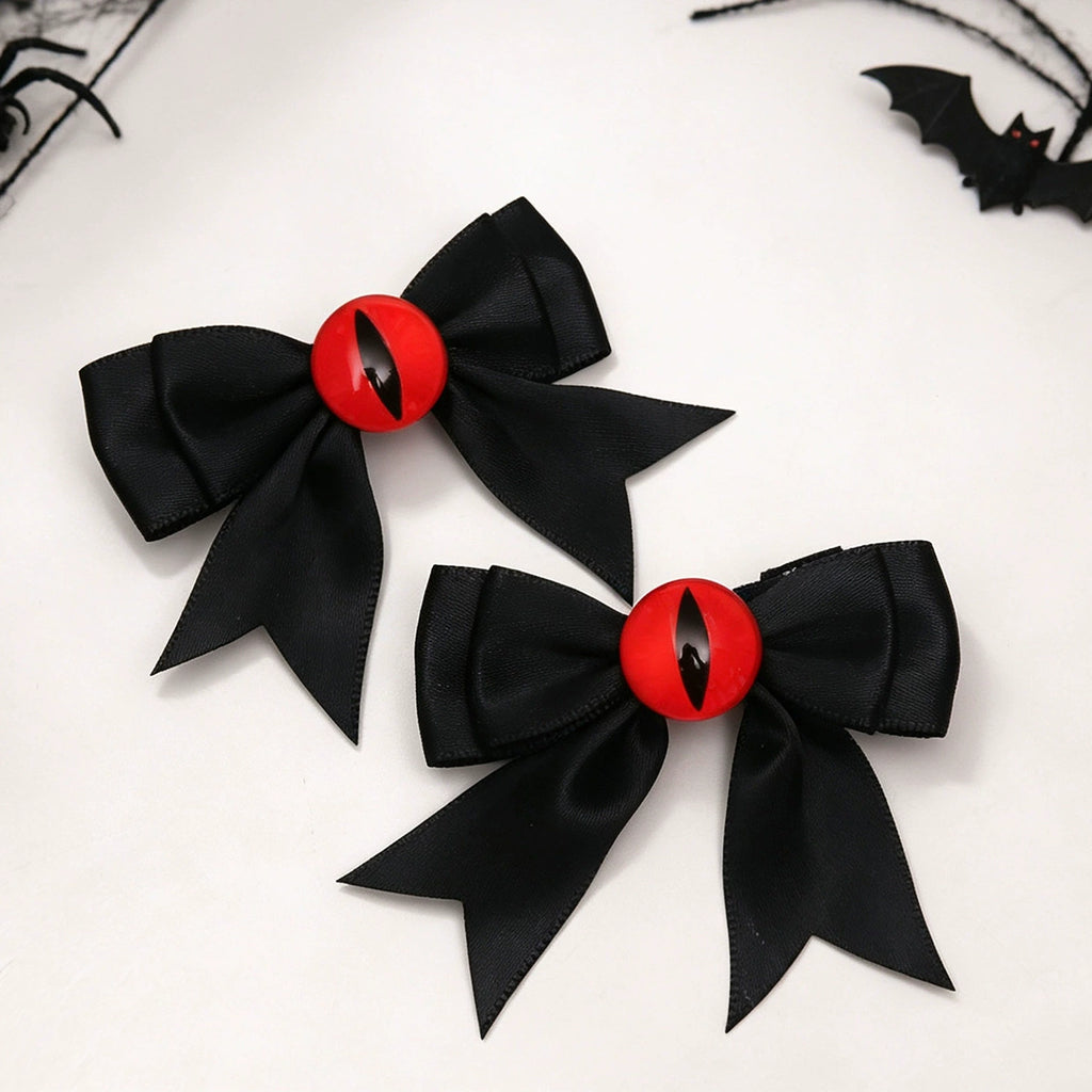 Hex Eye Bow Hair Clips, black satin bows with red demon eye