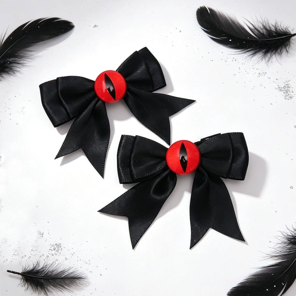 Hex Eye Bow Hair Clips, black satin bows with red demon eye