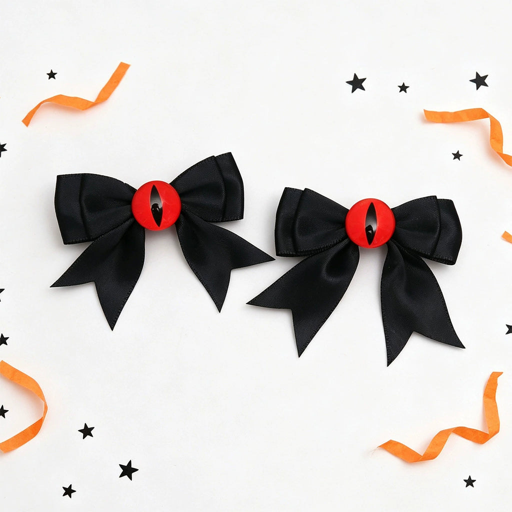Hex Eye Bow Hair Clips, black satin bows with red demon eye
