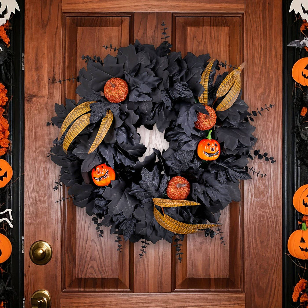 Blackened Harvest Wreath, black maple leaf wreath with jack-o-lantern pumpkins