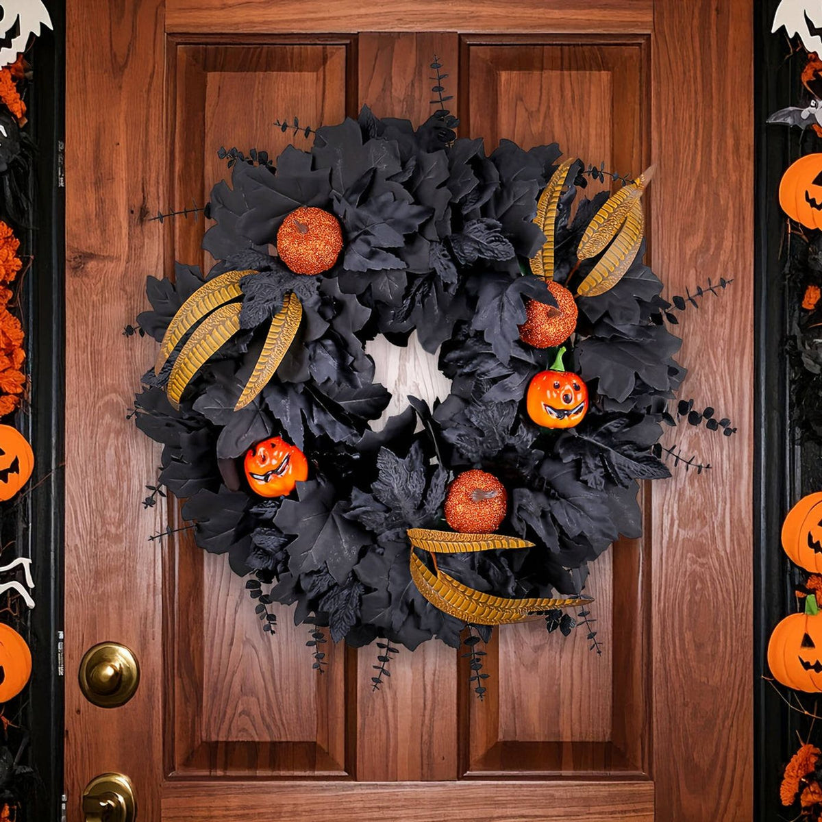 Blackened Harvest Wreath, black maple leaf wreath with jack-o-lantern pumpkins