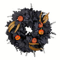 Blackened Harvest Wreath, black maple leaf wreath with jack-o-lantern pumpkins