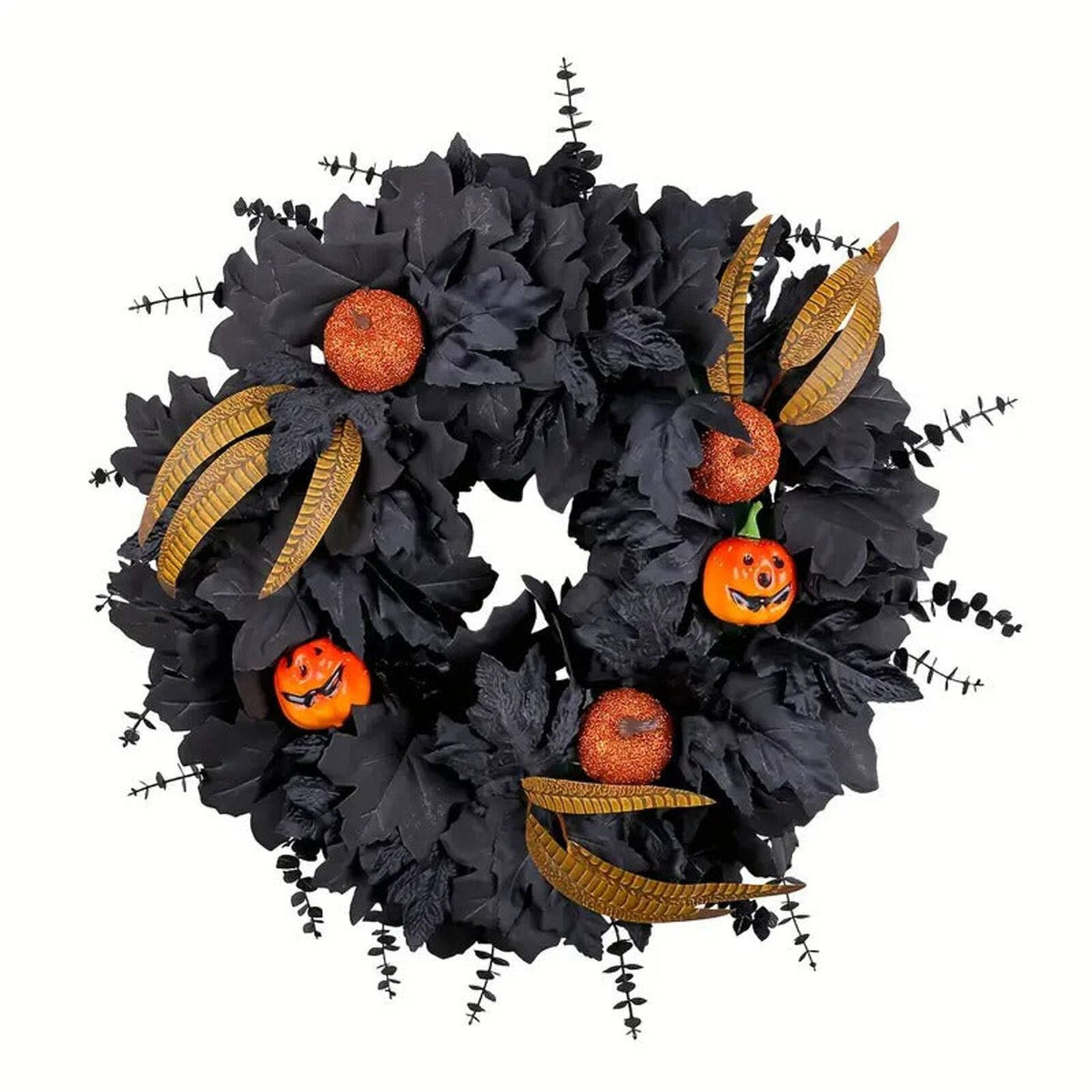 Blackened Harvest Wreath, black maple leaf wreath with jack-o-lantern pumpkins