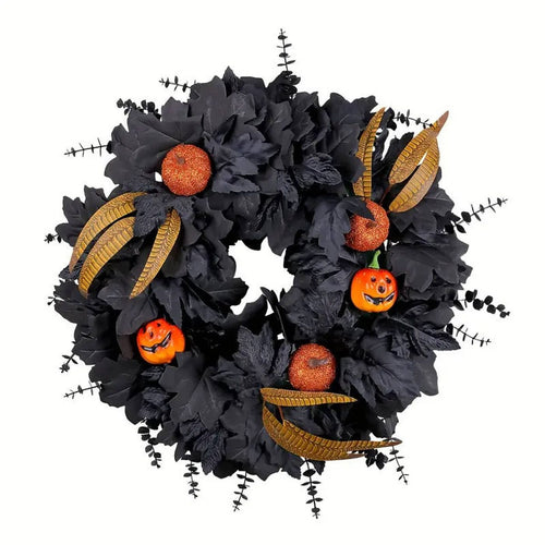 Blackened Harvest Wreath, black maple leaf wreath with jack-o-lantern pumpkins