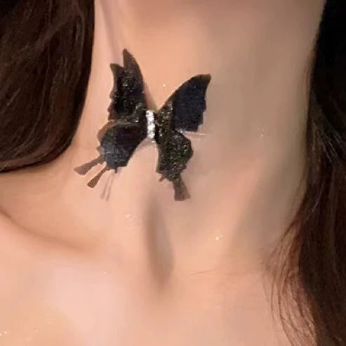 Floating Butterfly Necklace, black butterfly on clear line