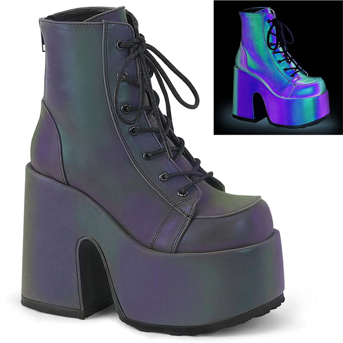 Camel Green Reflective Platform Ankle Boots