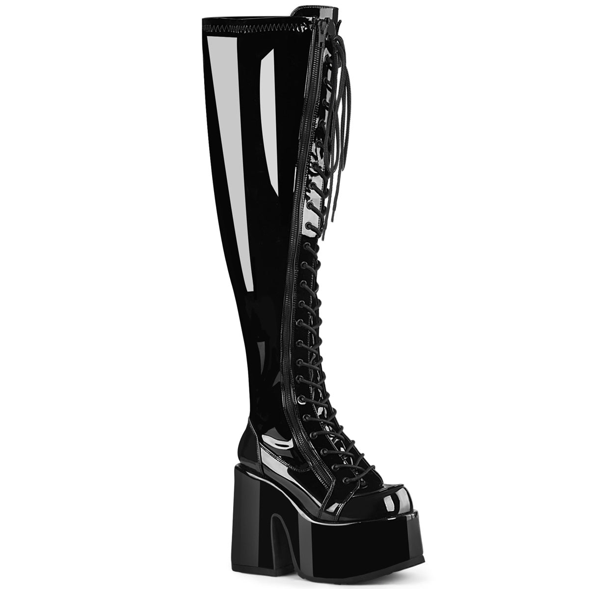 Camel Wide-Calf Patent Thigh-High Boots