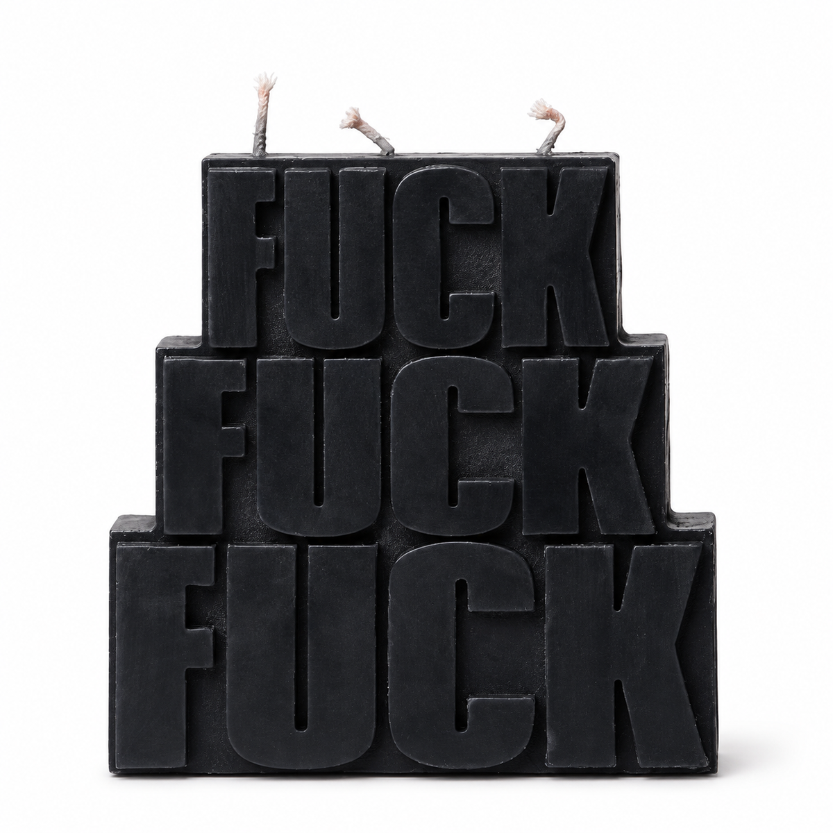 Say It Thrice Candle, Black, stacked block letter word candle