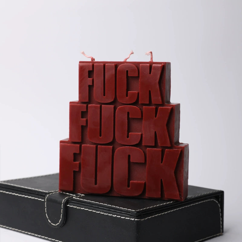 Say It Thrice Candle, Red, stacked block letter word candle