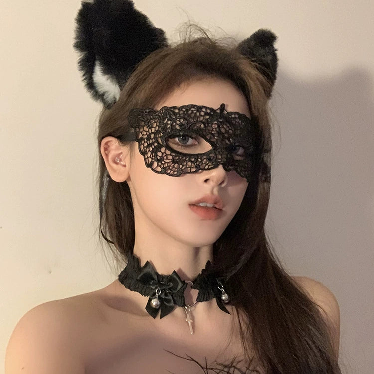 Alley Cat Lace Mask Set, black lace eye mask with ears and bow choker