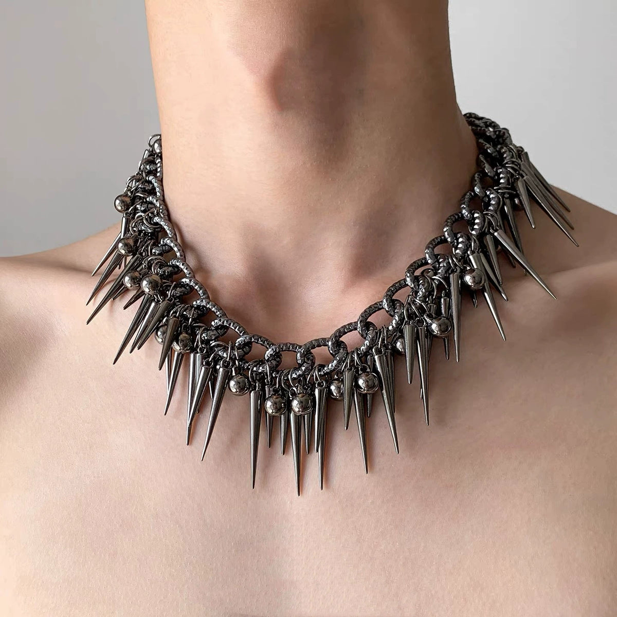 Impaler Spike Necklace, gunmetal chain collar with spike and ball fringe