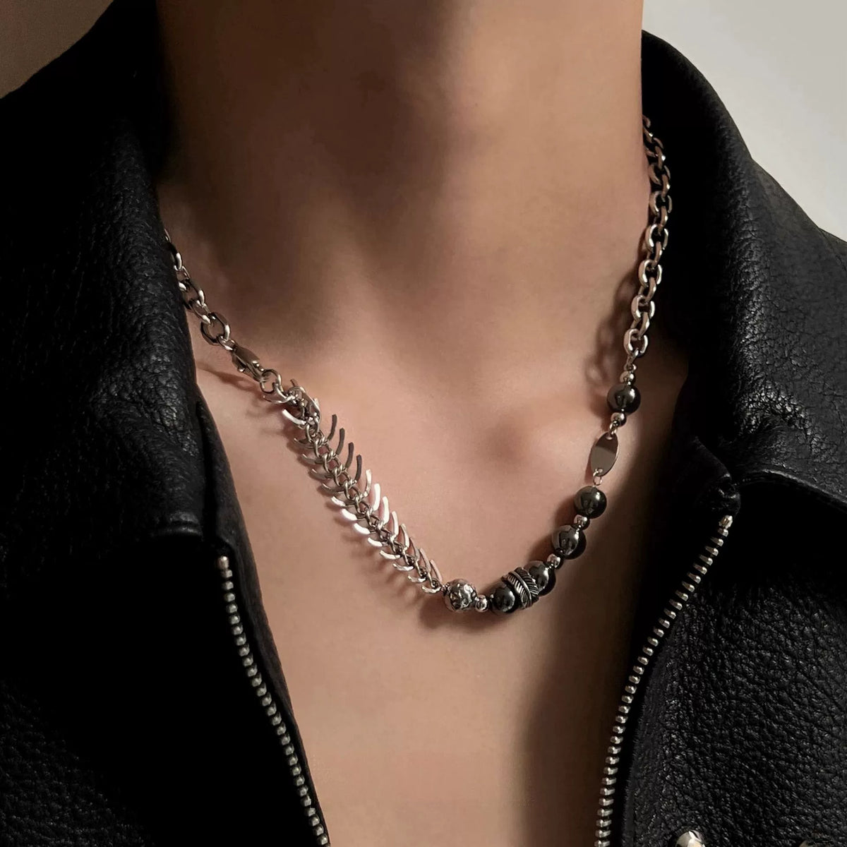 Fishbone Hematite Chain Necklace, asymmetric silver chain necklace with fishbone links and dark beads