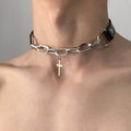 Penitent Cross Chain Choker, black strap choker with silver chain and cross charm