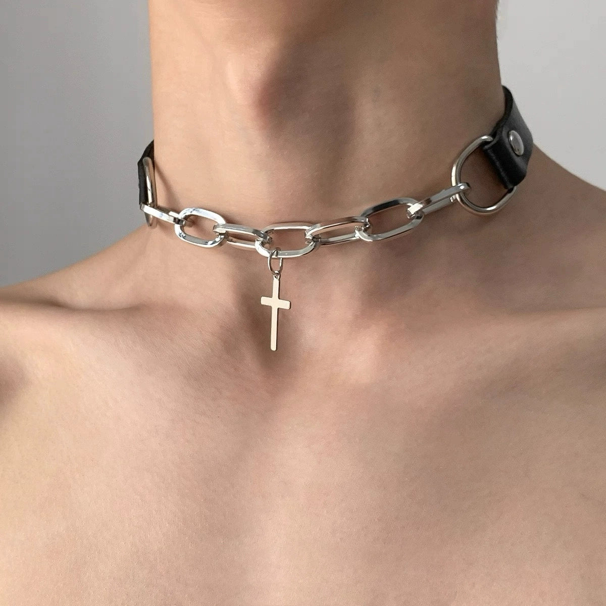 Penitent Cross Chain Choker, black strap choker with silver chain and cross charm