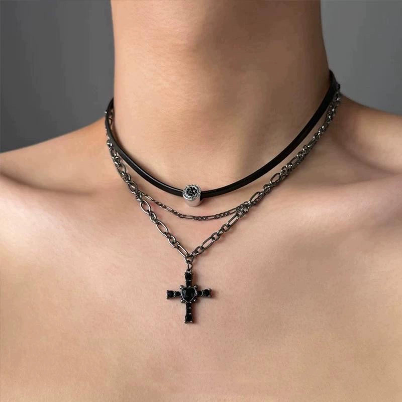 Black Heart Cross Layered Necklace, layered black cord choker and gunmetal chain with black heart cross