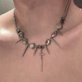 Crucifix Spike Bead Necklace, beaded silver necklace with spikes and cross pendant