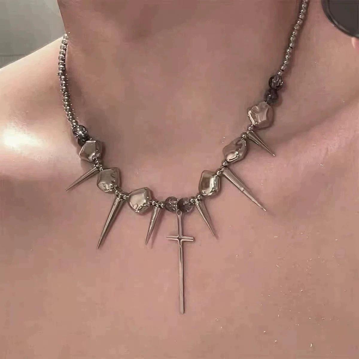 Crucifix Spike Bead Necklace, beaded silver necklace with spikes and cross pendant