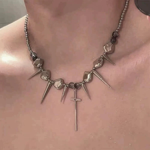 Crucifix Spike Bead Necklace, beaded silver necklace with spikes and cross pendant