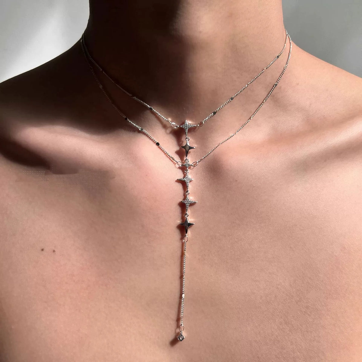 Falling Star Lariat Necklace, double layer silver lariat necklace with falling stars