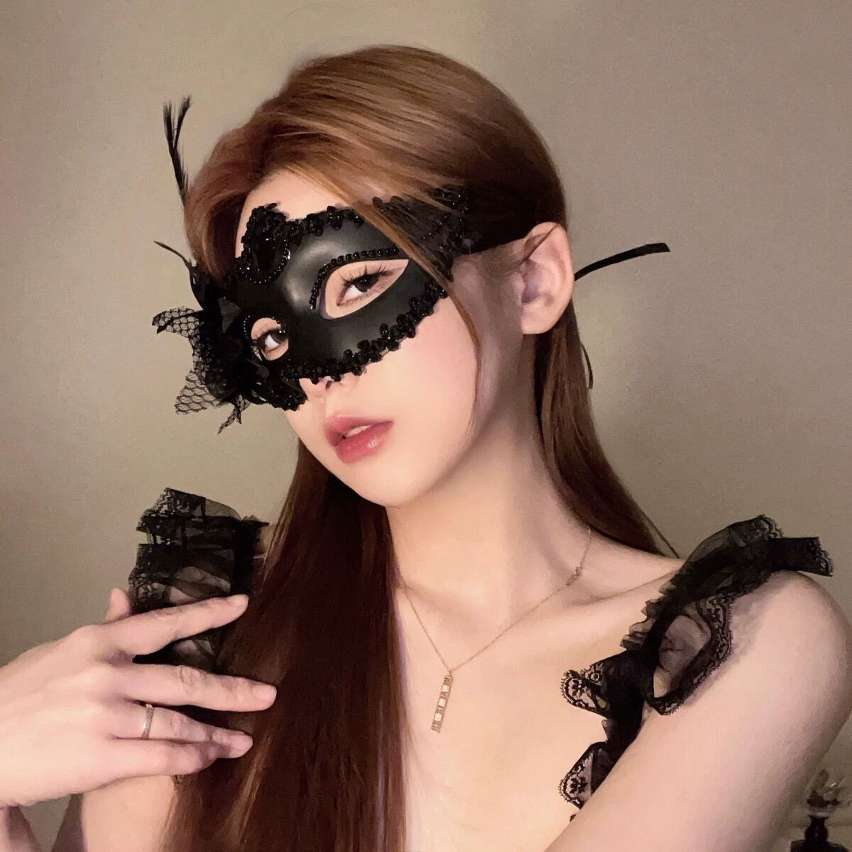 Widow's Ball Masquerade Mask, black beaded masquerade mask with lace and feather