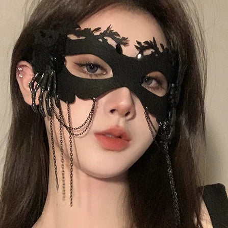 Bone Claw Chain Mask, black eye mask with skeletal claws and hanging chains