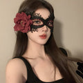 Blood Rose Masquerade Mask, black filigree masquerade mask with red rose and gems