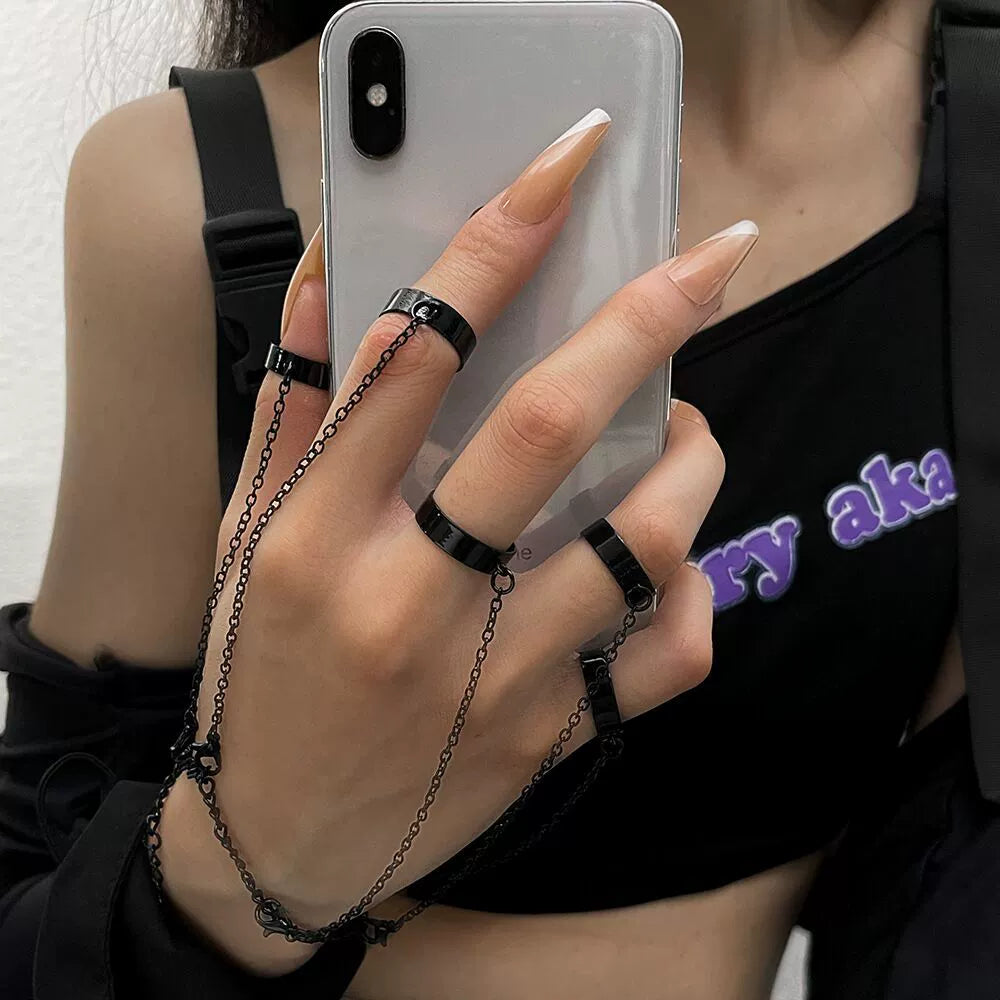 Puppet String Ring Bracelet, Black, five ring chain hand bracelet