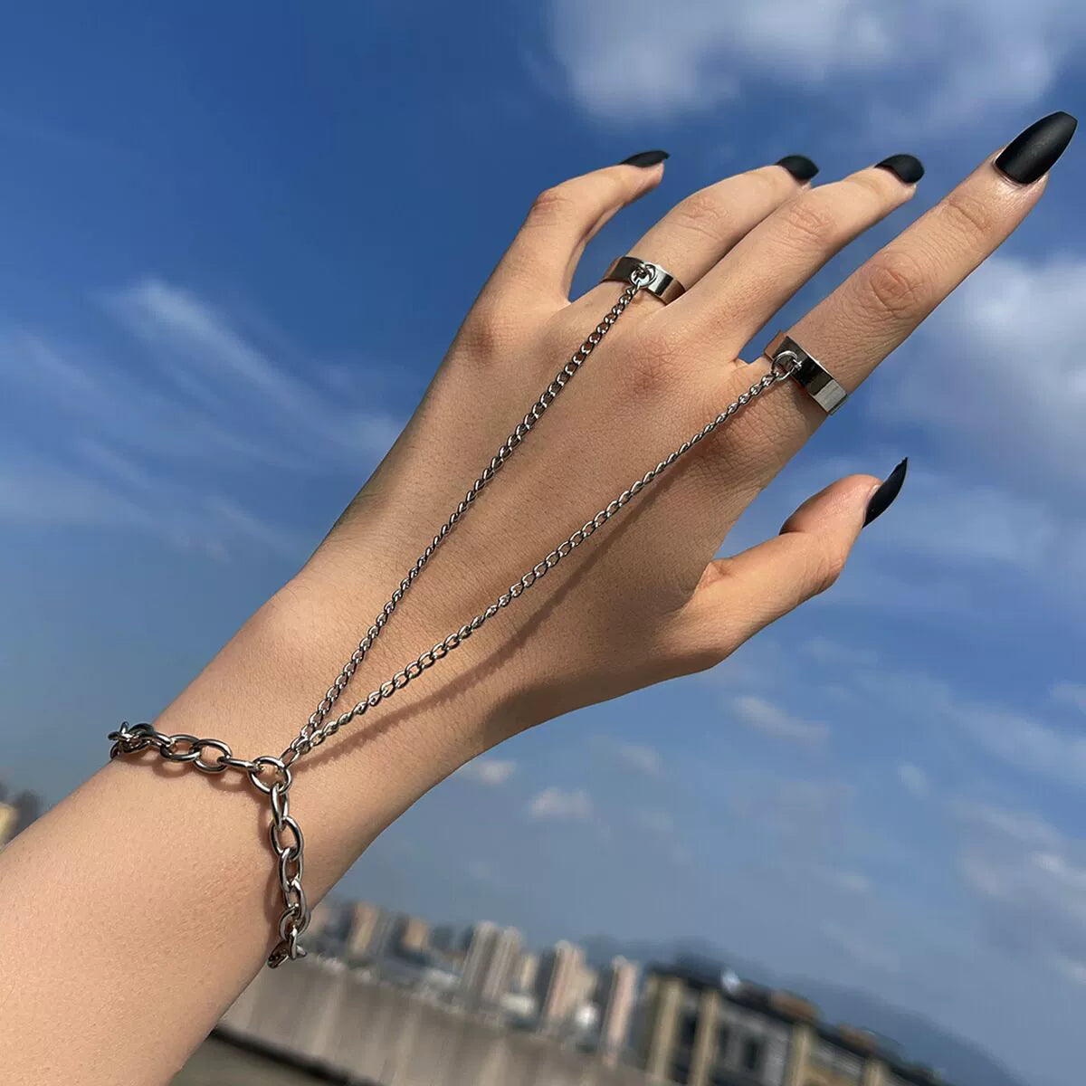 Shackle Ring Bracelet, chunky chain bracelet with two attached rings