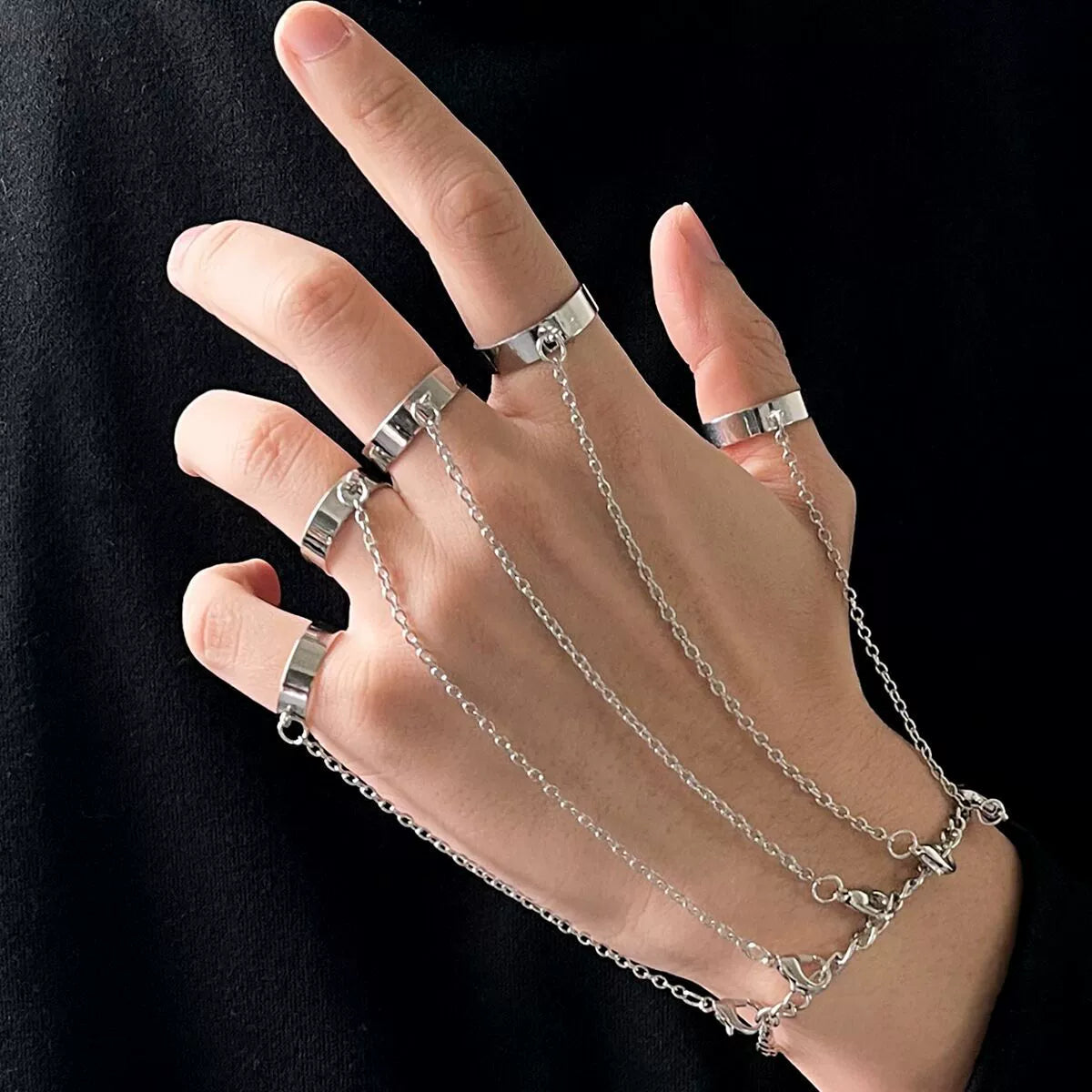 Puppet String Ring Bracelet, Silver, five ring chain hand bracelet
