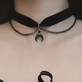 Crescent Moon Velvet Choker, black velvet choker with chain swag and moon