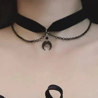 Crescent Moon Velvet Choker, black velvet choker with chain swag and moon