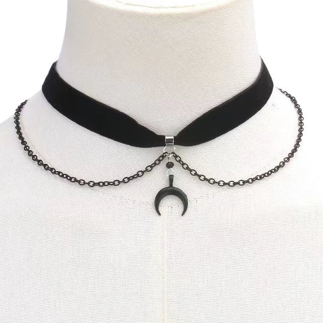 Crescent Moon Velvet Choker, black velvet choker with chain swag and moon