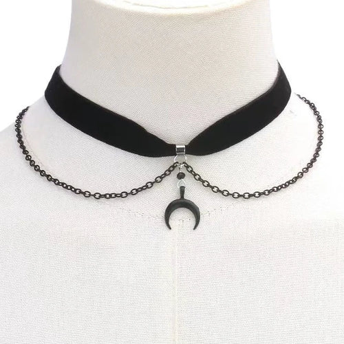 Crescent Moon Velvet Choker, black velvet choker with chain swag and moon