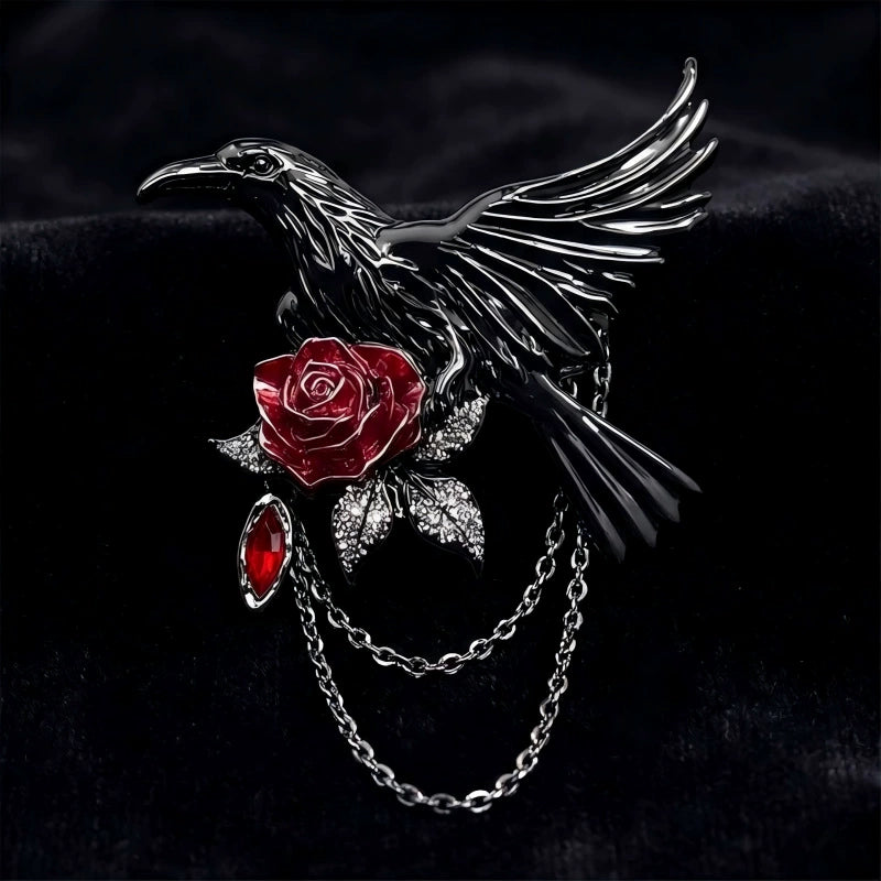 Raven Rose Brooch, black raven brooch with red rose and chains