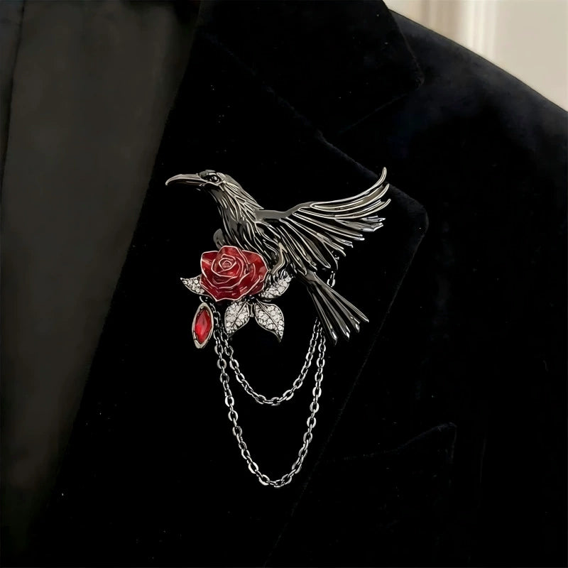 Raven Rose Brooch, black raven brooch with red rose and chains