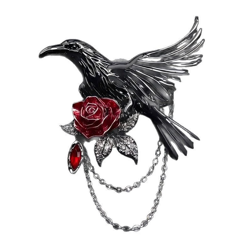 Raven Rose Brooch, black raven brooch with red rose and chains