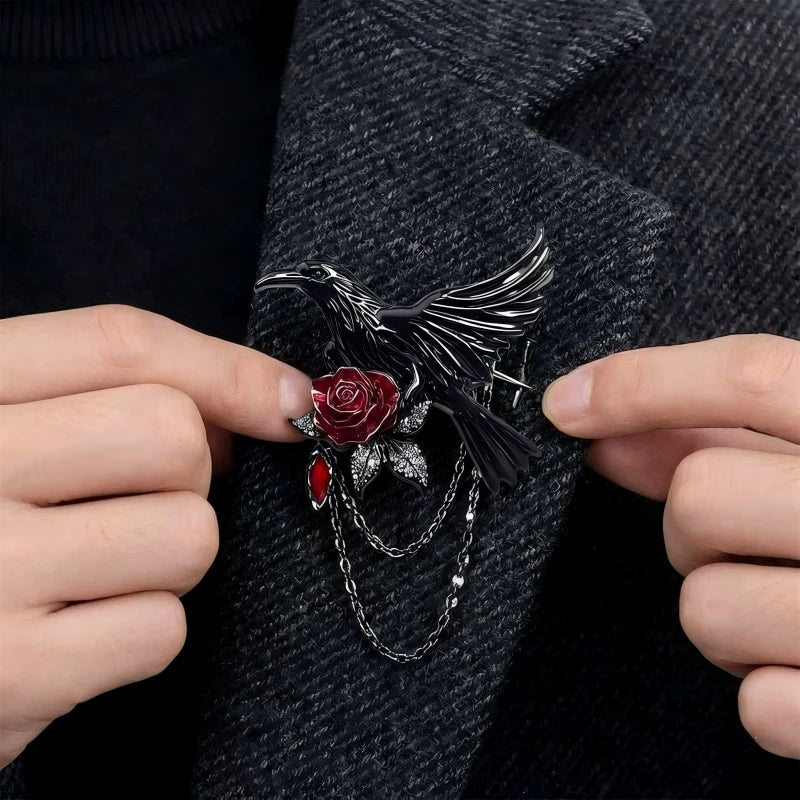 Raven Rose Brooch, black raven brooch with red rose and chains
