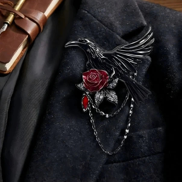 Raven Rose Brooch, black raven brooch with red rose and chains