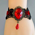 Duchess Jewel Lace Bracelet, Red, black lace bracelet with faceted jewel