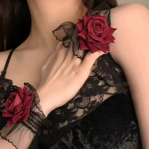 Ruffled Rose Ring Bracelet, black mesh cuff with burgundy rose